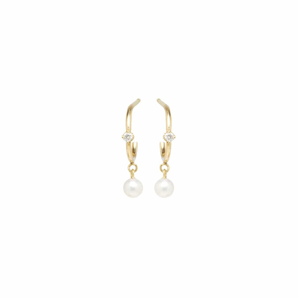 EAR-14K 14k Pearl Dangle & Prong Diamond Thin Huggie Hoops