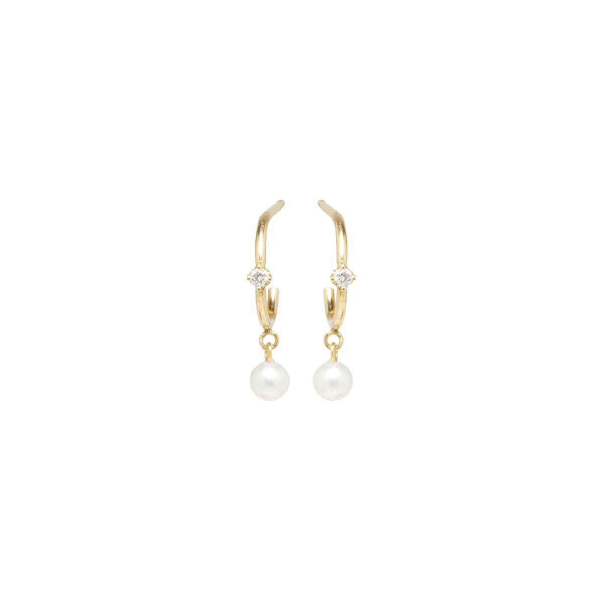 EAR-14K 14k Pearl Dangle & Prong Diamond Thin Huggie Hoops