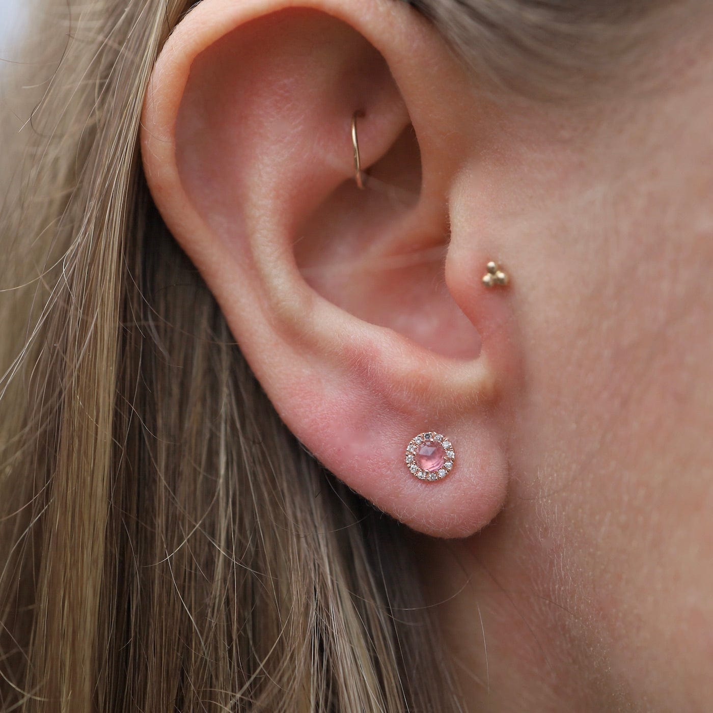 EAR-14K 14k Pink Tourmaline Center with Diamond Halo Earring