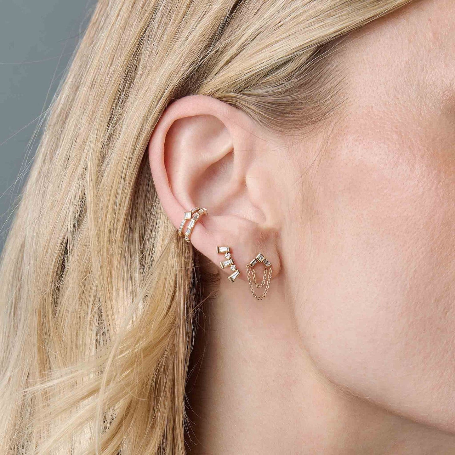 EAR-14K 14K Princess & Baguette Diamond Arrow Chain Drop Earrings