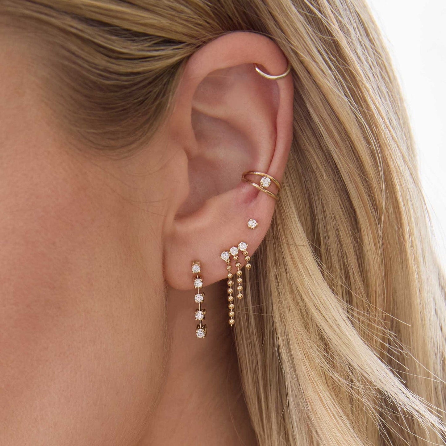 EAR-14K 14k Prong Diamond & Bead Chain Waterfall Earrings