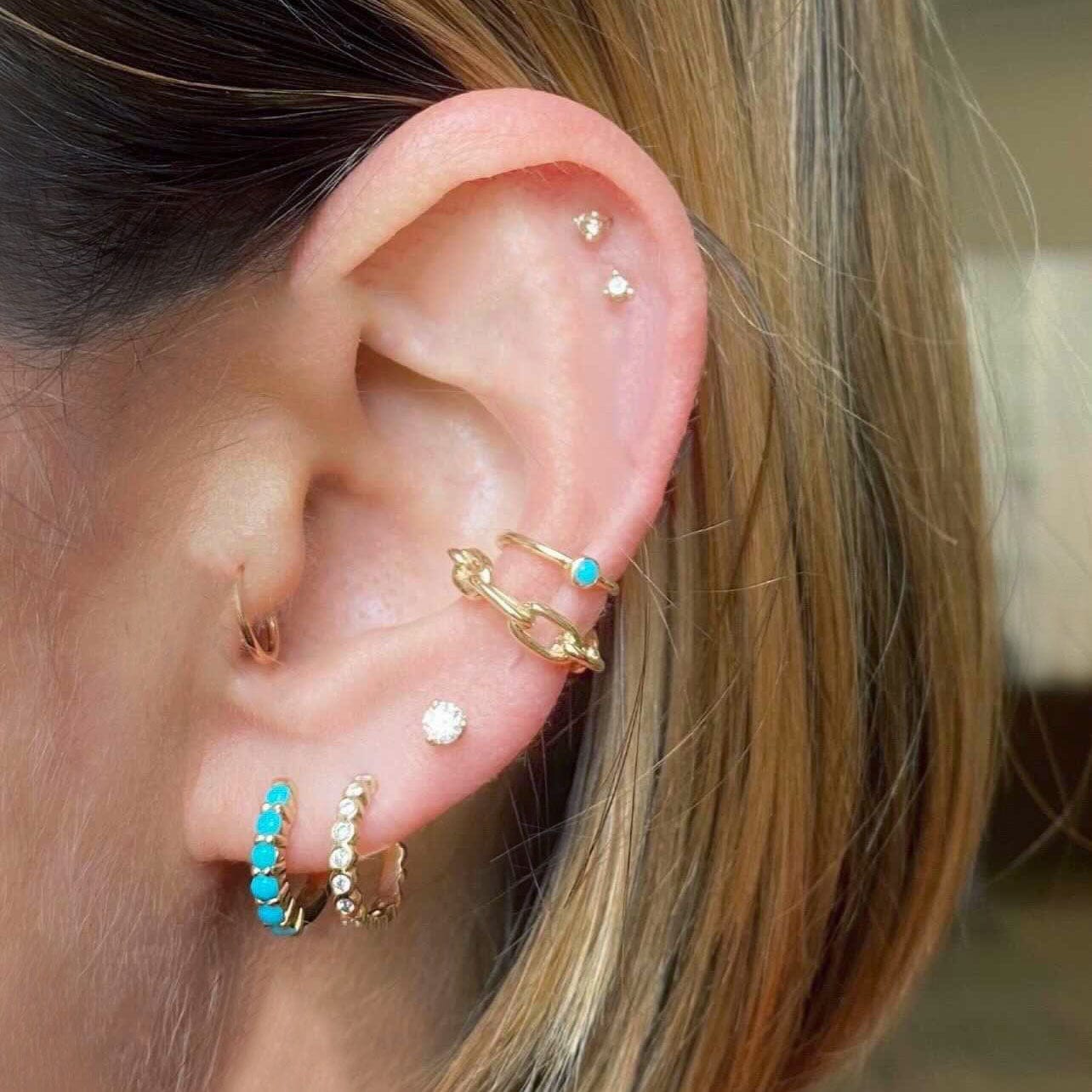 EAR-14K 14k Prong Set Turquoise Small Hinge Huggie Hoops