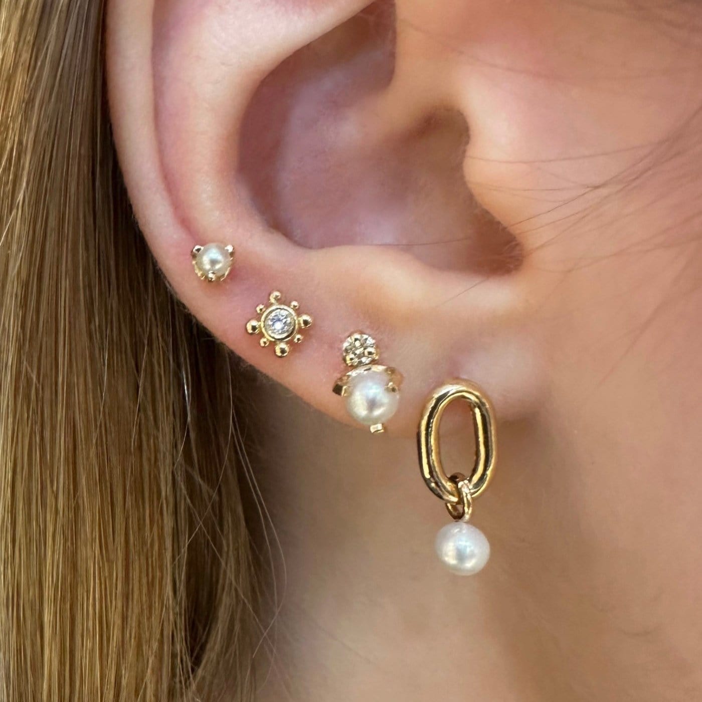 EAR-14K 14k Single Extra-Extra Large Square Oval Link & Pearl Drop Earrings