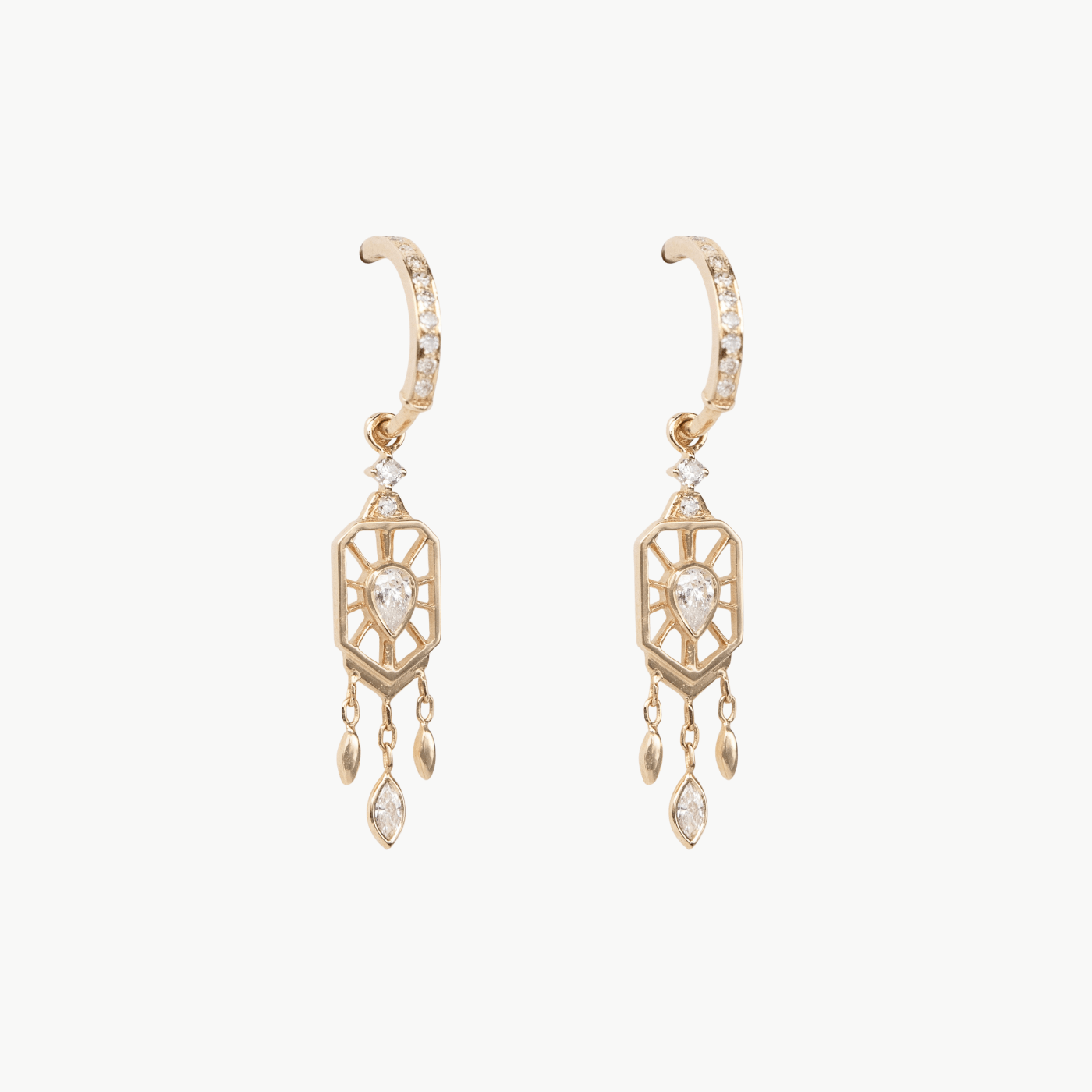 EAR-14K 14k Small Diamond Hoops wih Dream Catcher Drop Dia