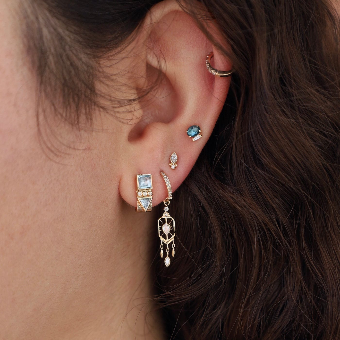 EAR-14K 14k Small Dream Catcher Diamond Hoop Earrings