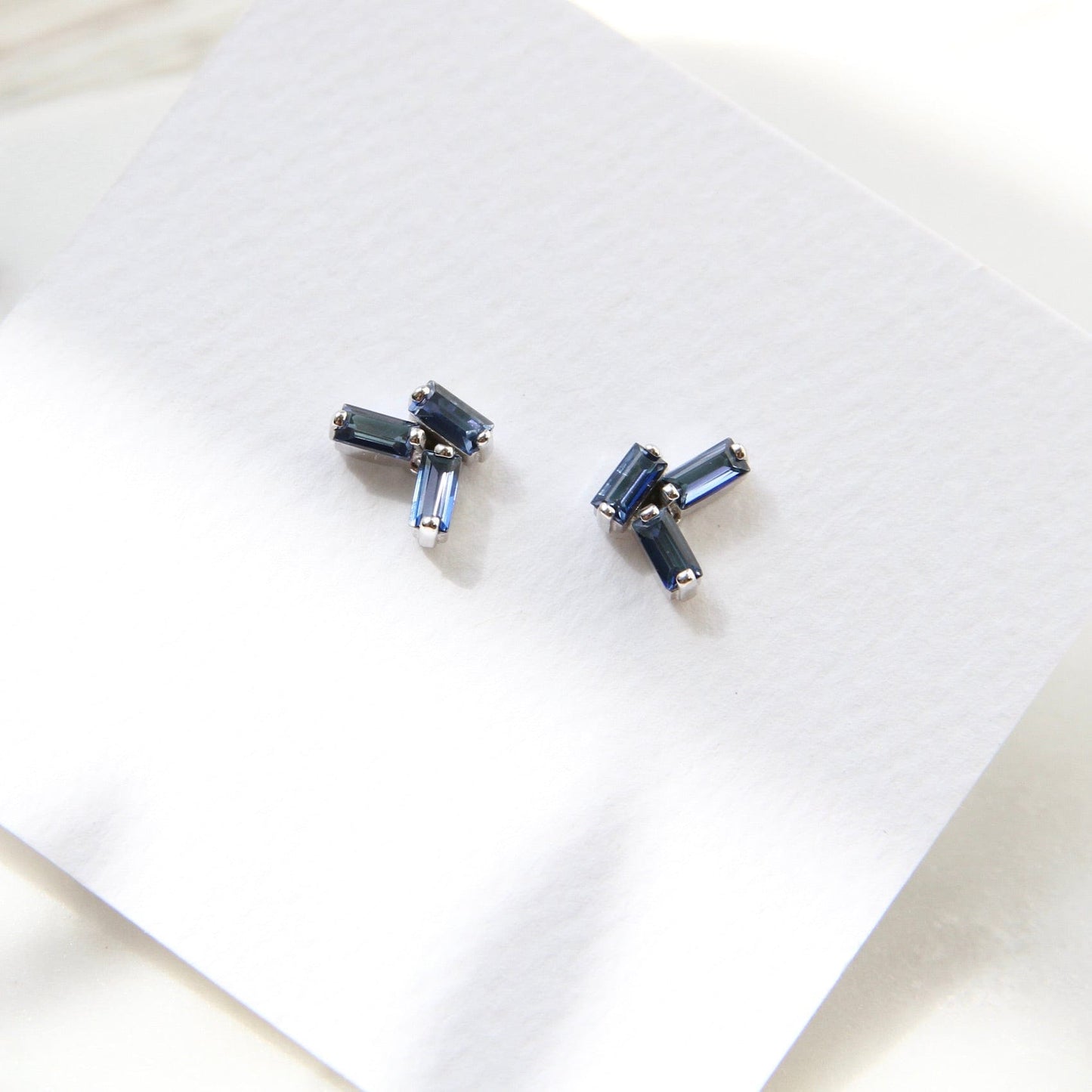 Load image into Gallery viewer, EAR-14K 14k White Gold English Blue Topaz Scattered Baguette Earrings
