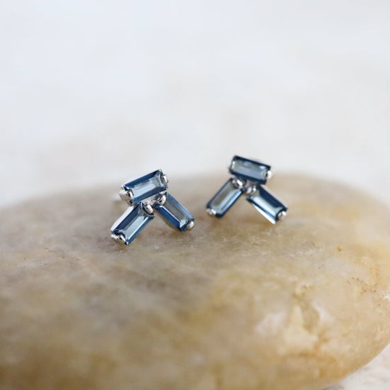 Load image into Gallery viewer, EAR-14K 14k White Gold English Blue Topaz Scattered Baguette Earrings
