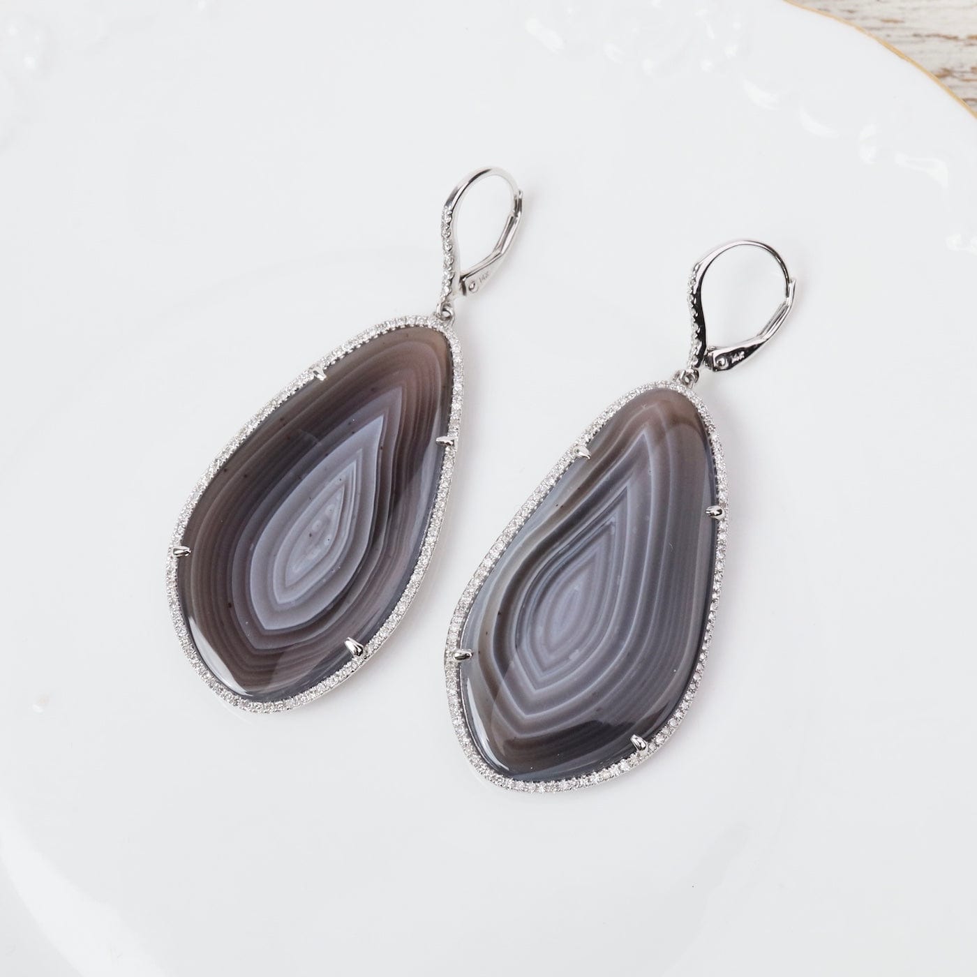 EAR-14K 14K White Gold One Of A Kind Grey Agate With Diamond Halo Earrings