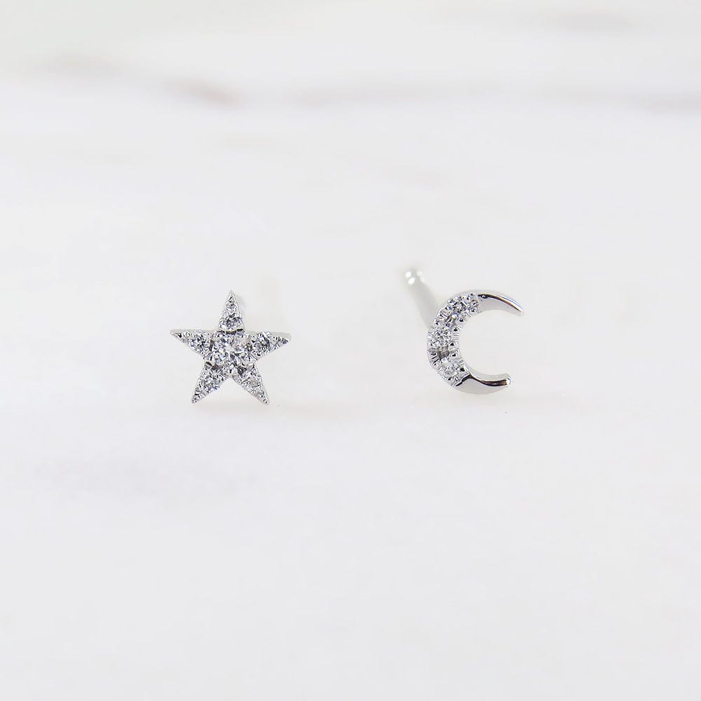 EAR-14K 14k White Gold Pavé Diamond Mini Star & Moon Post Earrings