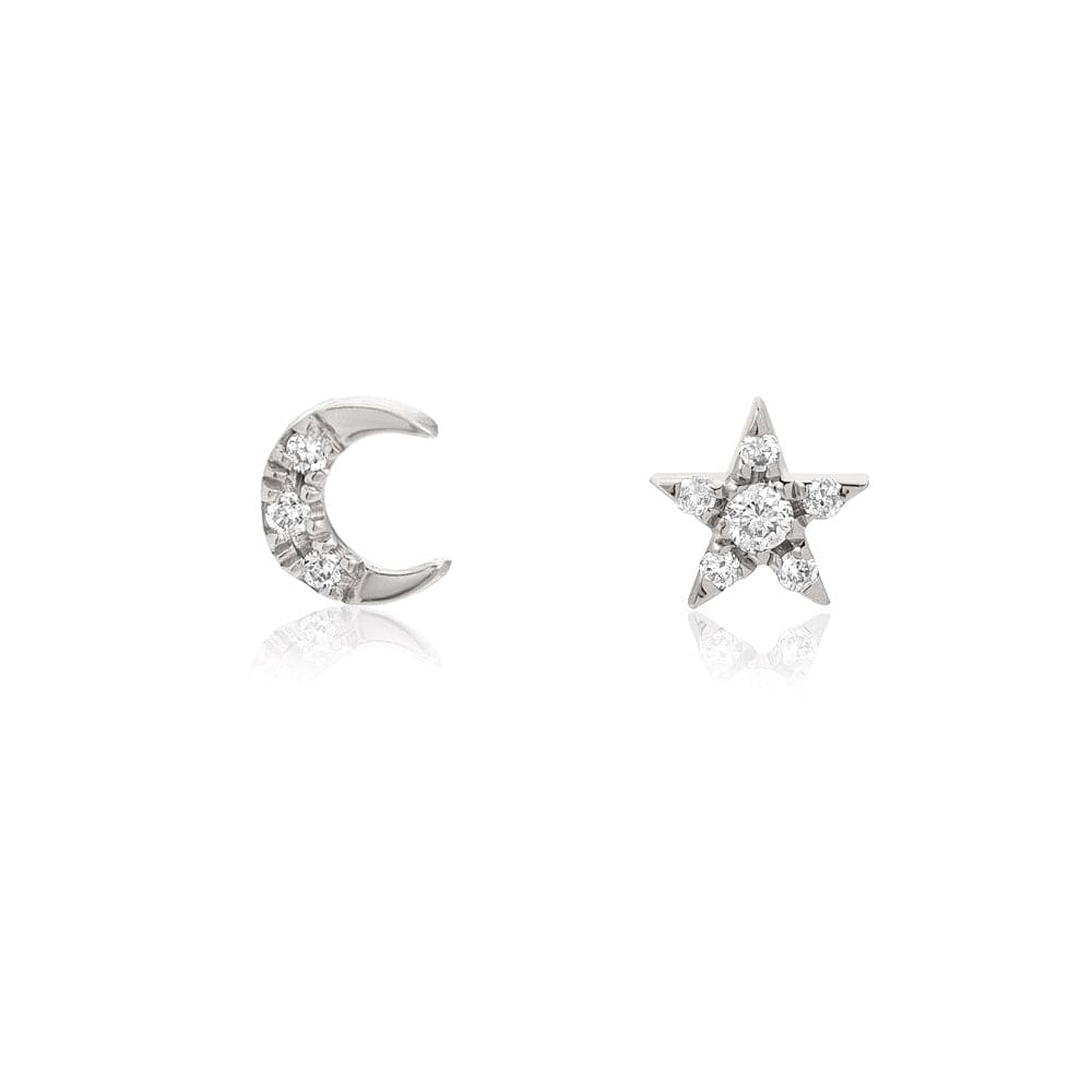 EAR-14K 14k White Gold Pavé Diamond Mini Star & Moon Post Earrings