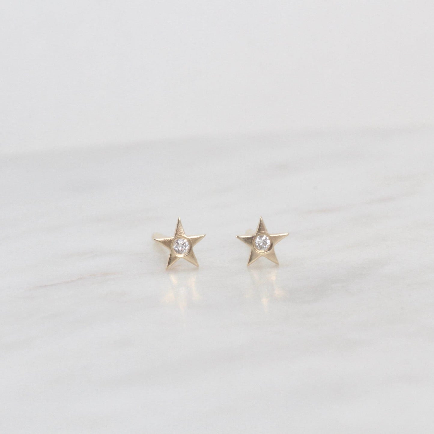 EAR-14K 14k Yellow Gold Brushed Mini Star with Single Diamond