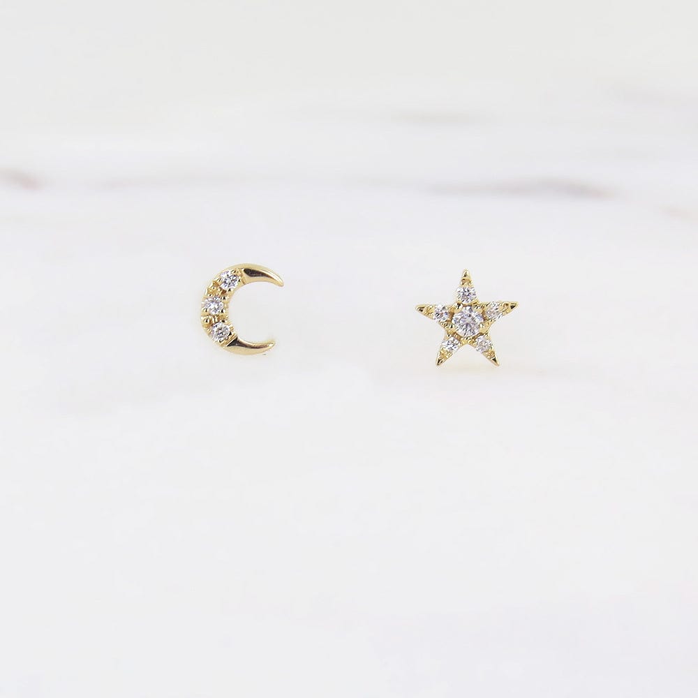 EAR-14K 14k Yellow Gold Pavé Diamond Super Mini Star & Moon Post Earrings