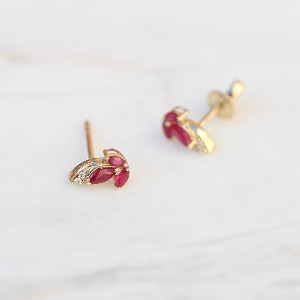 EAR-14K 14K Yellow Gold, Ruby & Diamond Leaves Post