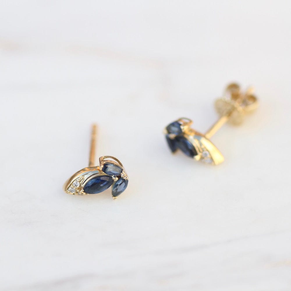 EAR-14K 14K Yellow Gold, Sapphire & Diamond Leaf Post Earring