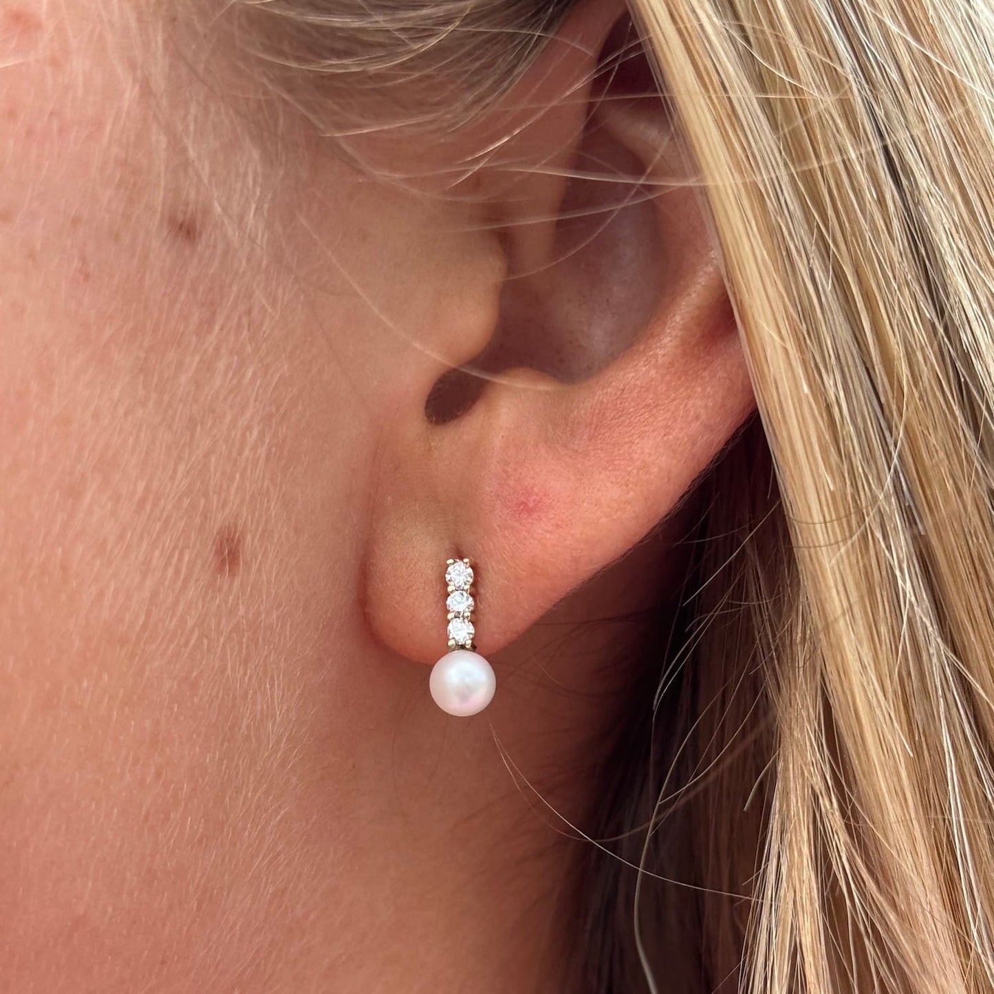 EAR-14K Diamond Bar & Pearl Drop Earrings