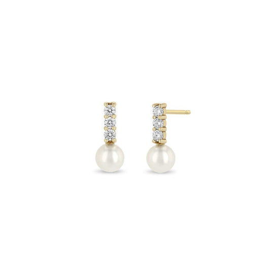 EAR-14K Diamond Bar & Pearl Drop Earrings