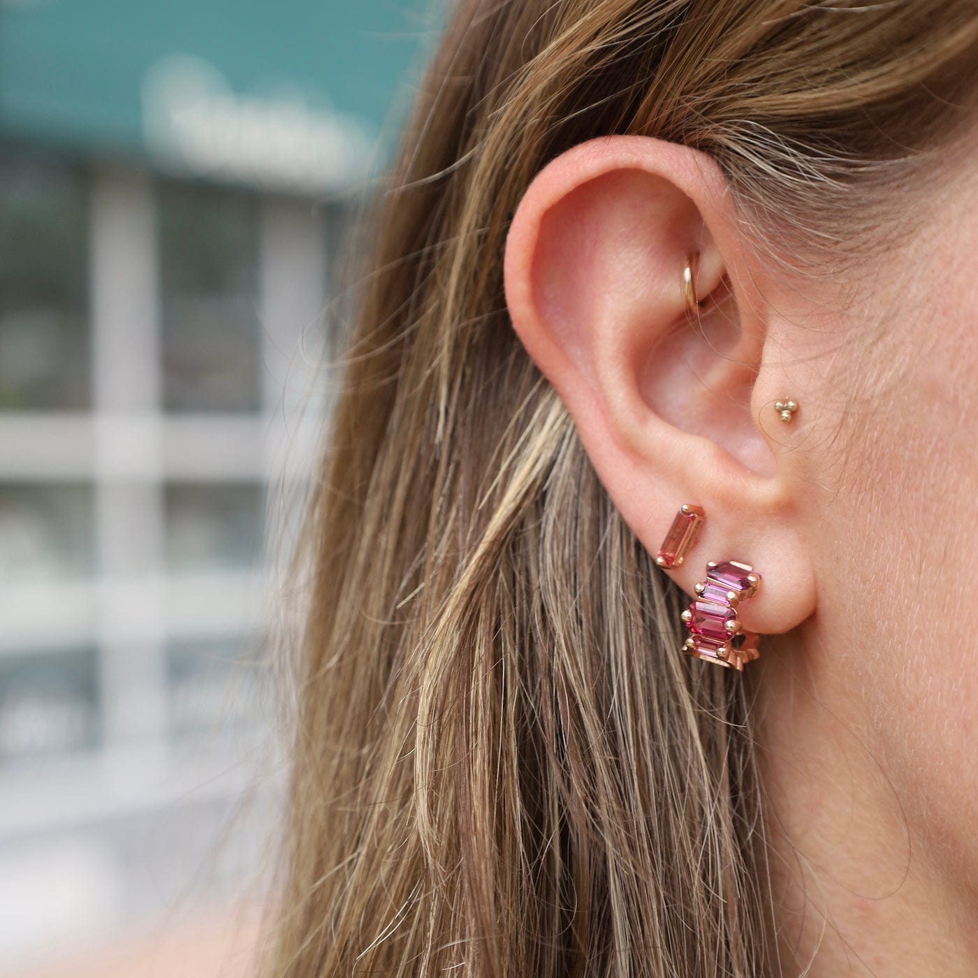 EAR-14K Emerald Cut Red Ombre Mini Hoops