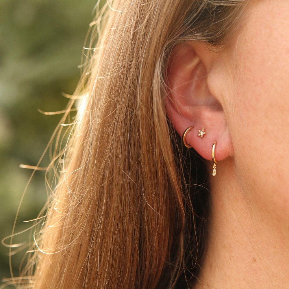 EAR-14K Gold Huggies With Dangling Baguette Diamonds