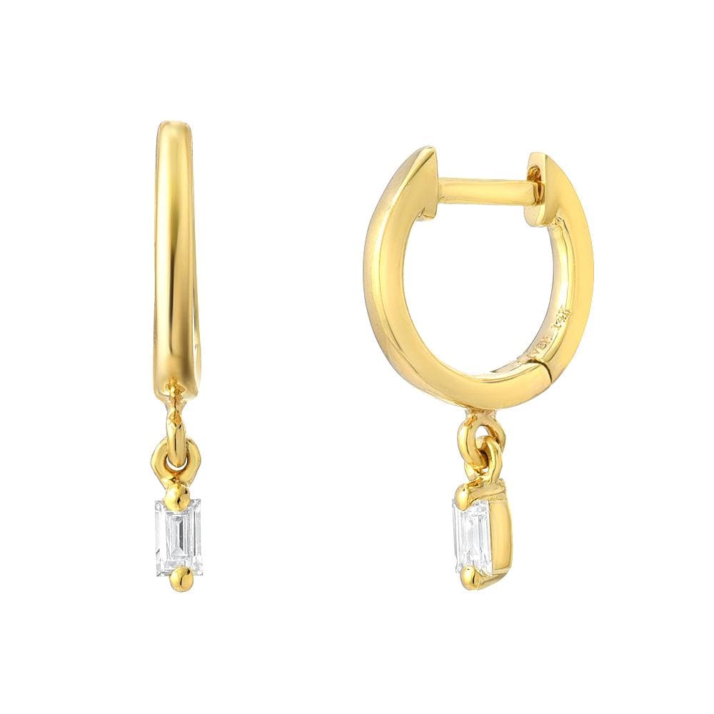 
                      
                        EAR-14K Gold Huggies With Dangling Baguette Diamonds
                      
                    