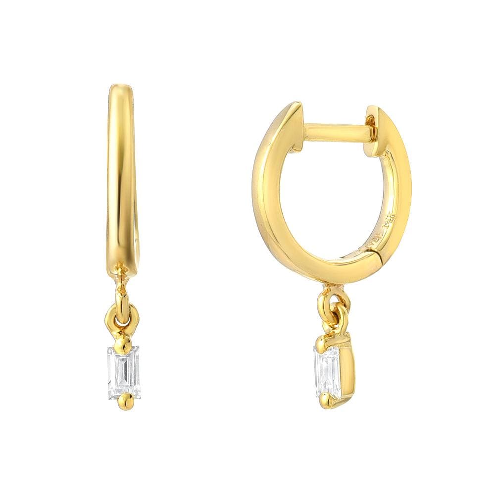 EAR-14K Gold Huggies With Dangling Baguette Diamonds