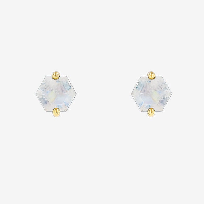 EAR-14K Hexagon Rainbow Moonstone Post Earrings