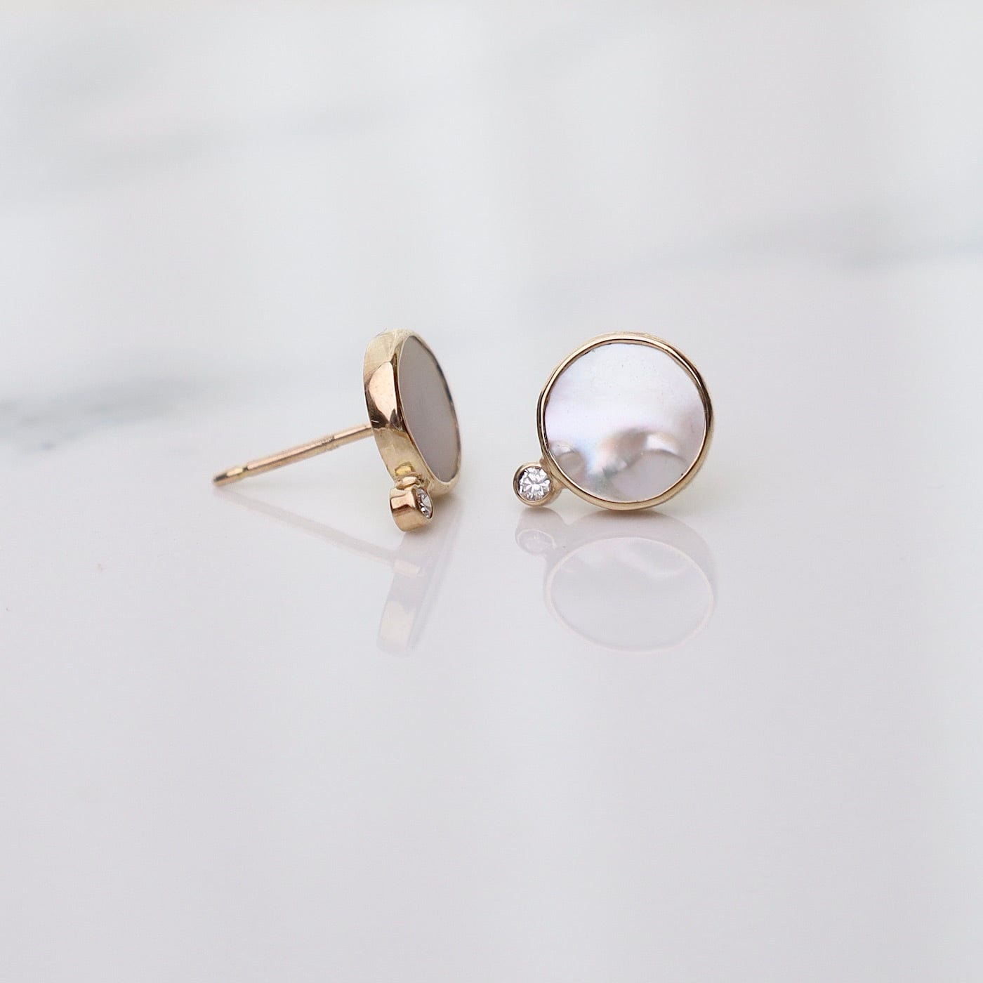 EAR-14K Medallion Earrings - Mother of Pearl & White Diamond