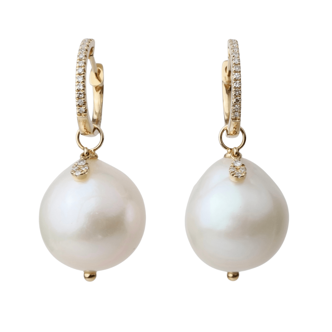 EAR-14K Pearl Earring Charms on Diamond Huggies