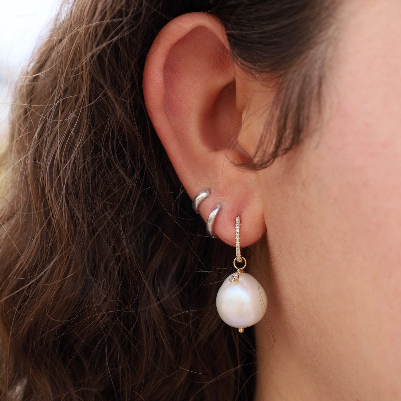 EAR-14K Pearl with Diamond Charms on Diamond Huggie Earrings