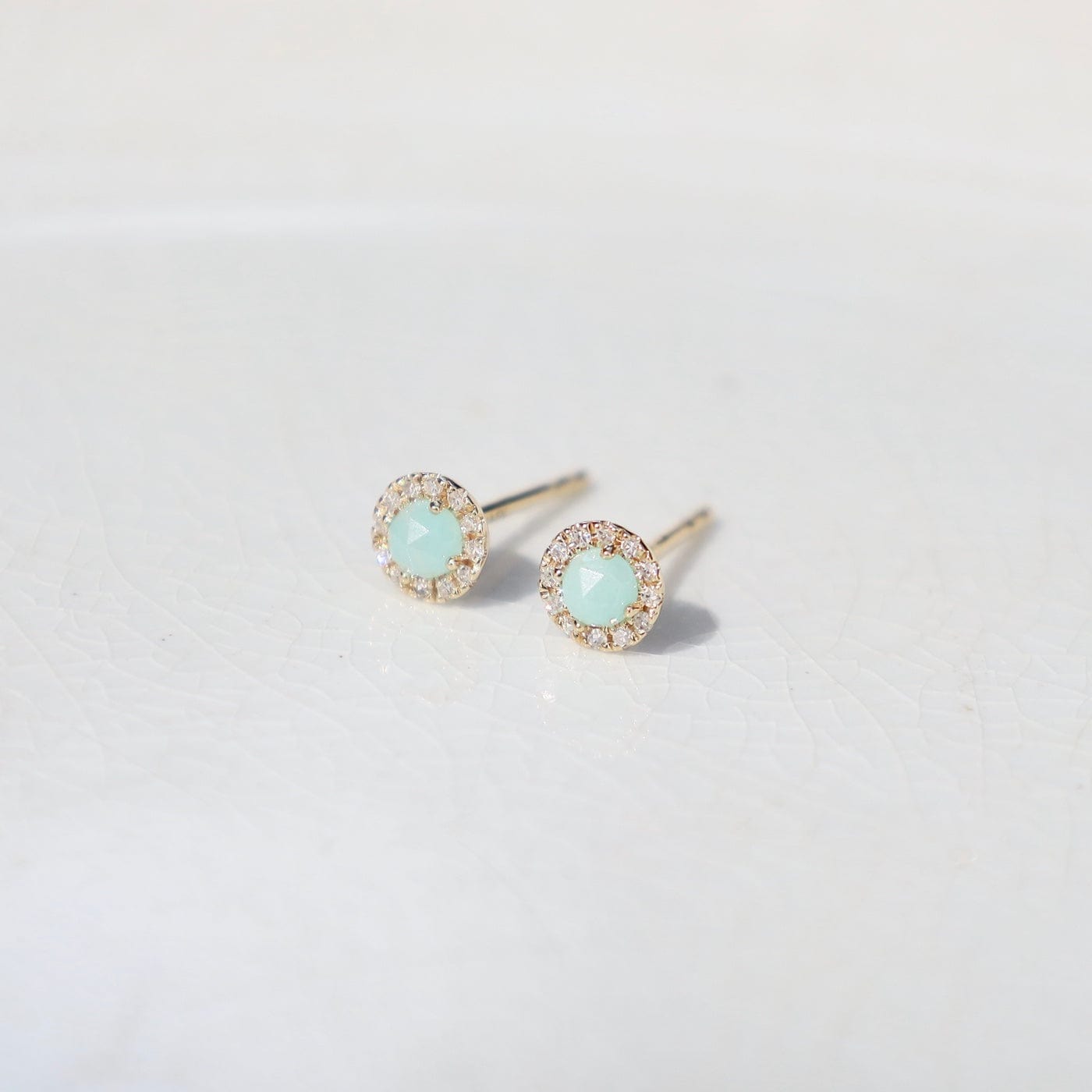 EAR-14K Rose Cut Amazonite Center with Diamond Halo Post Earrings