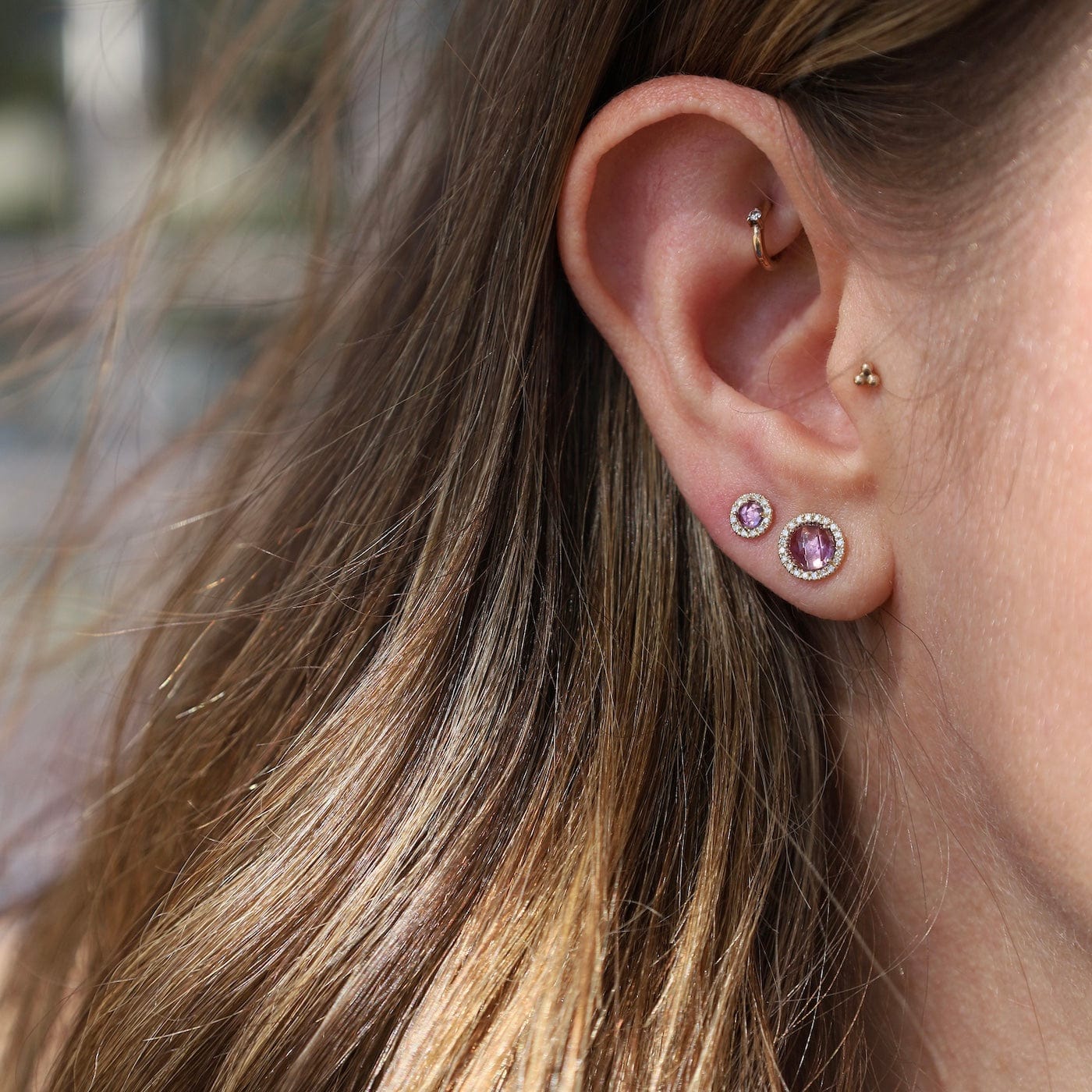 EAR-14K Rose Cut Amethyst Center & Diamond Post Earrings
