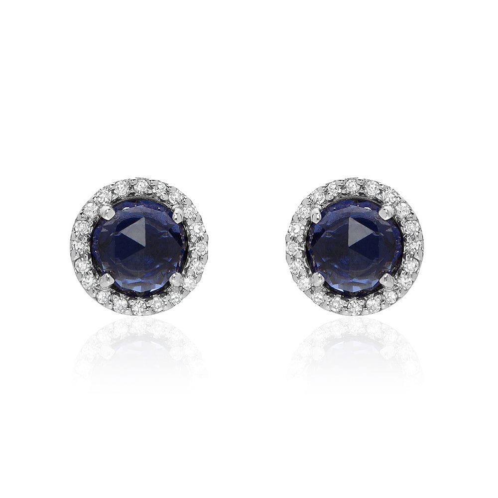 EAR-14K Rose Cut Blue Corundum Center with Diamond Halo Po