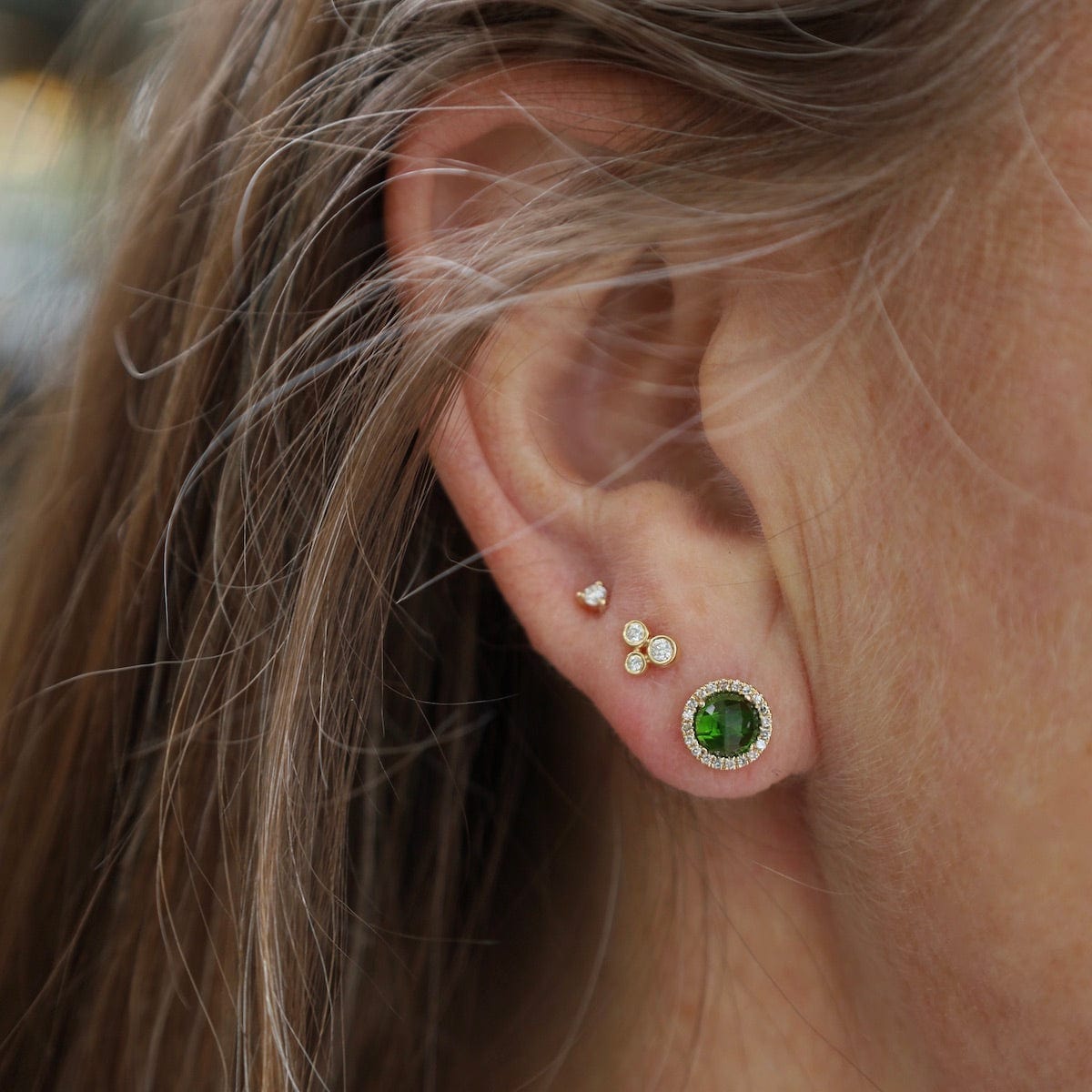 EAR-14K Rose Cut Chrome Diopside Center & Diamond Post Earrings