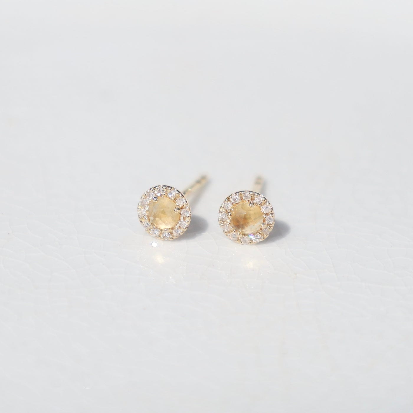 EAR-14K Rose Cut Citrine Center with Diamond Halo Post Earrings