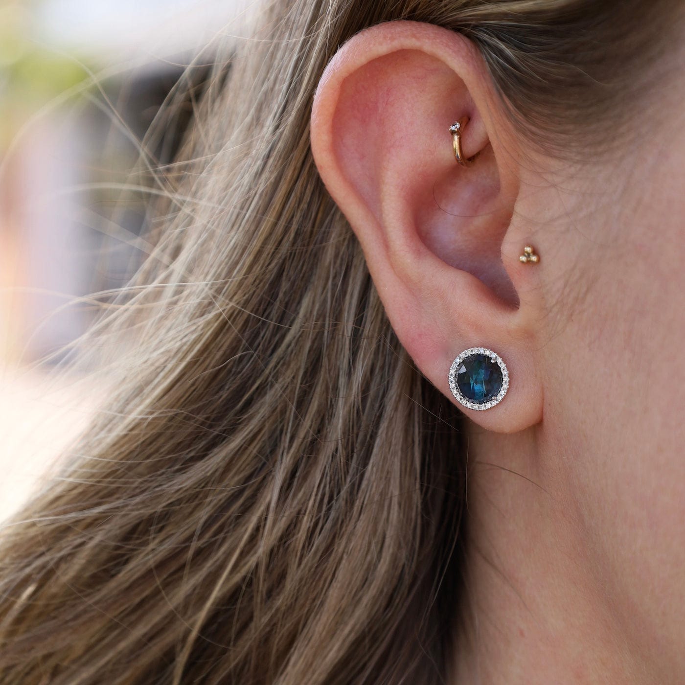 EAR-14K Rose Cut London Blue Topaz with White Diamond Halo Post Earrings