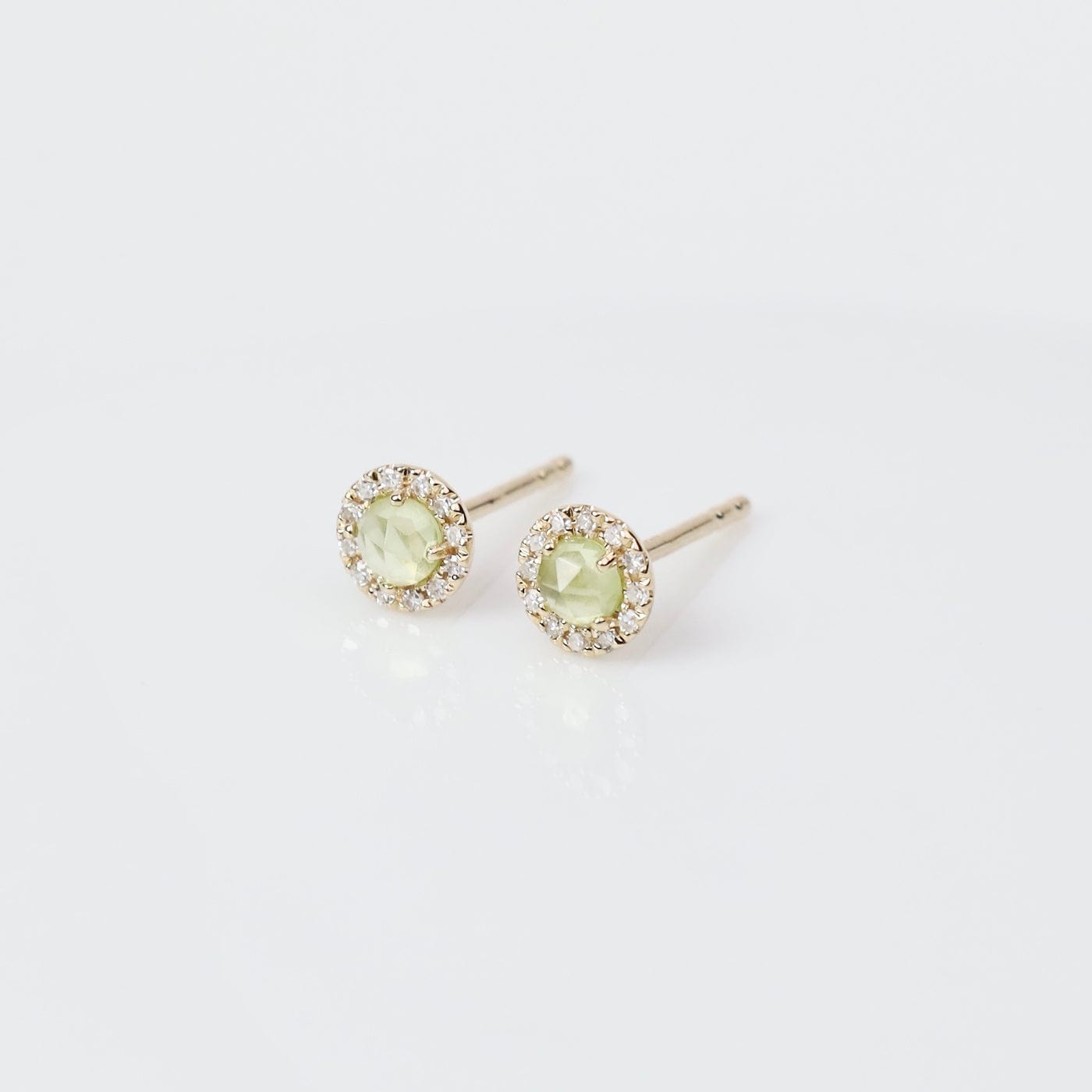 EAR-14K Rose Cut Peridot Center with Diamond Halo Post