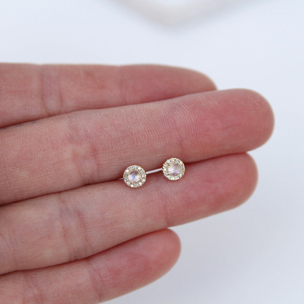 
                      
                        EAR-14K Rose Cut Rainbow Moonstone Center with Diamond Halo
                      
                    