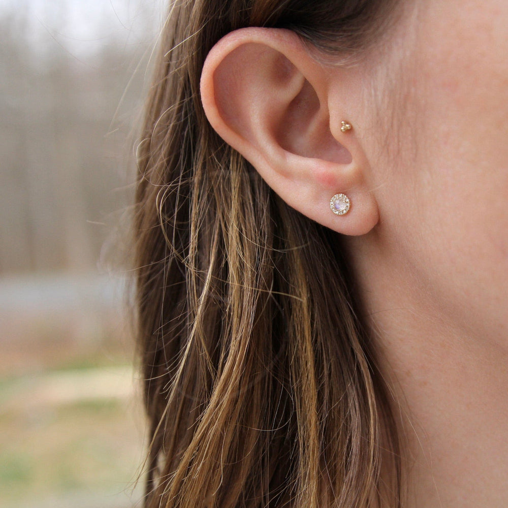 
                      
                        EAR-14K Rose Cut Rainbow Moonstone Center with Diamond Halo
                      
                    