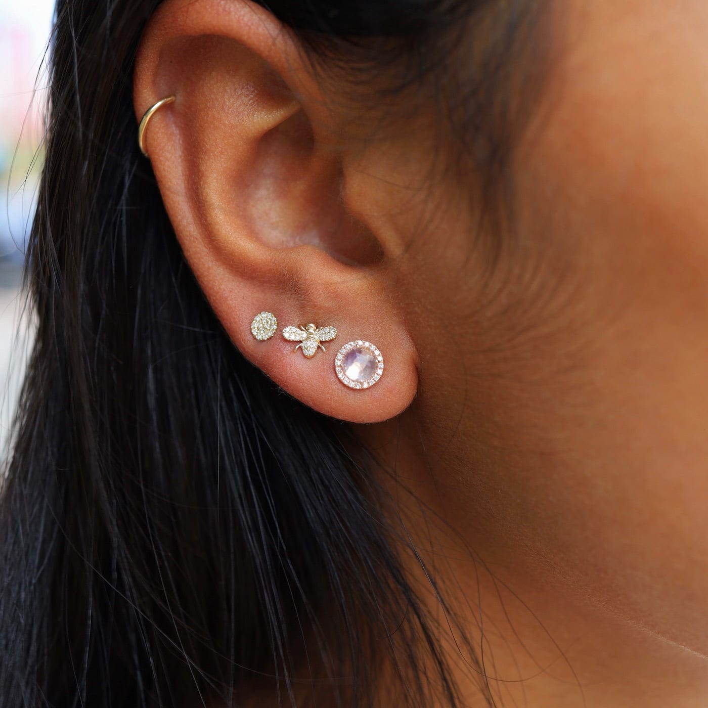 EAR-14K Rose Cut Rainbow Moonstone Earring -14k Rose Gold
