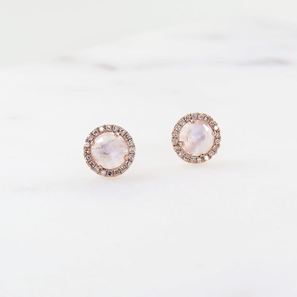 EAR-14K Rose Cut Rainbow Moonstone Earring -14k Rose Gold