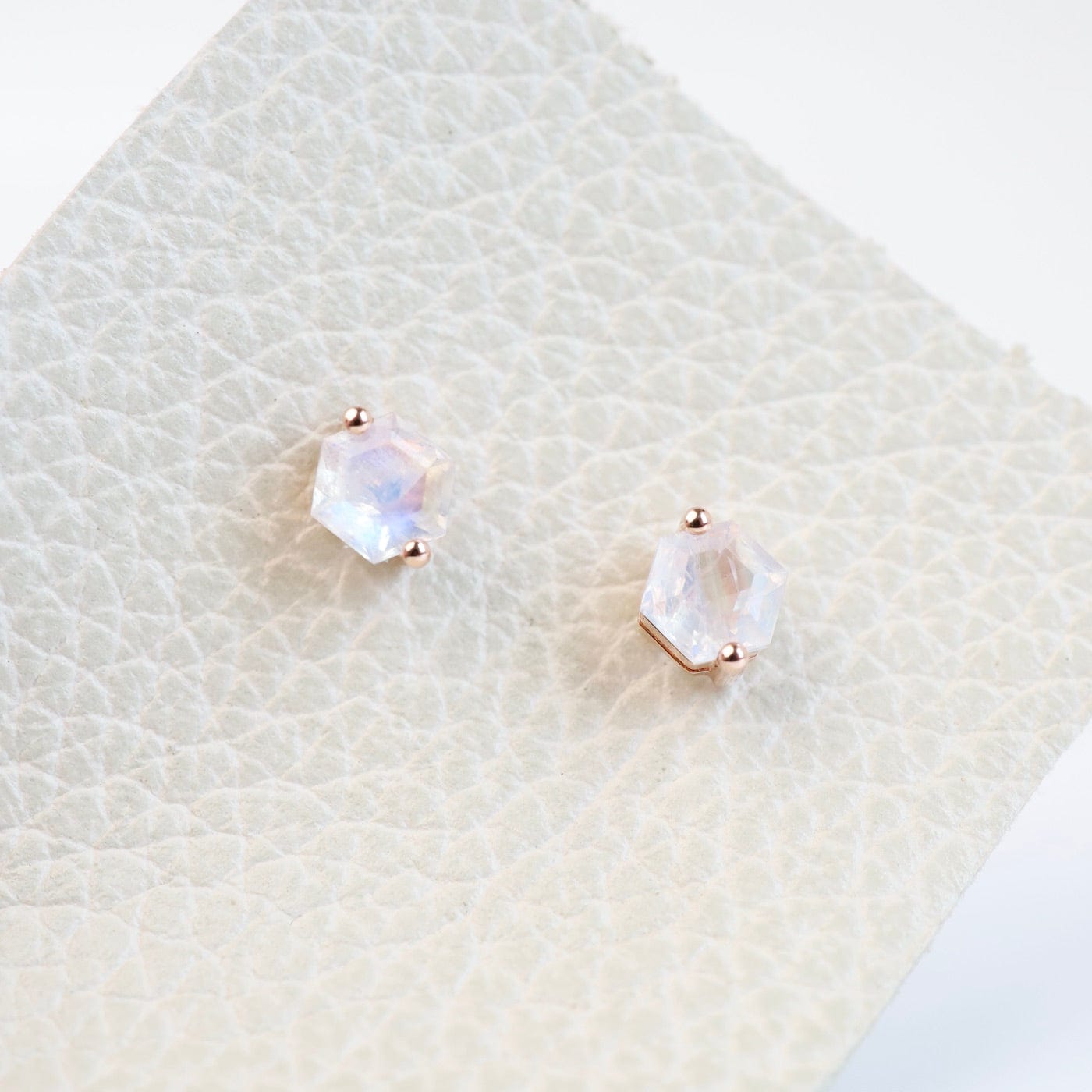 EAR-14K Rose Gold 5x5mm Hexagon Rainbow Moonstone Post Earrings