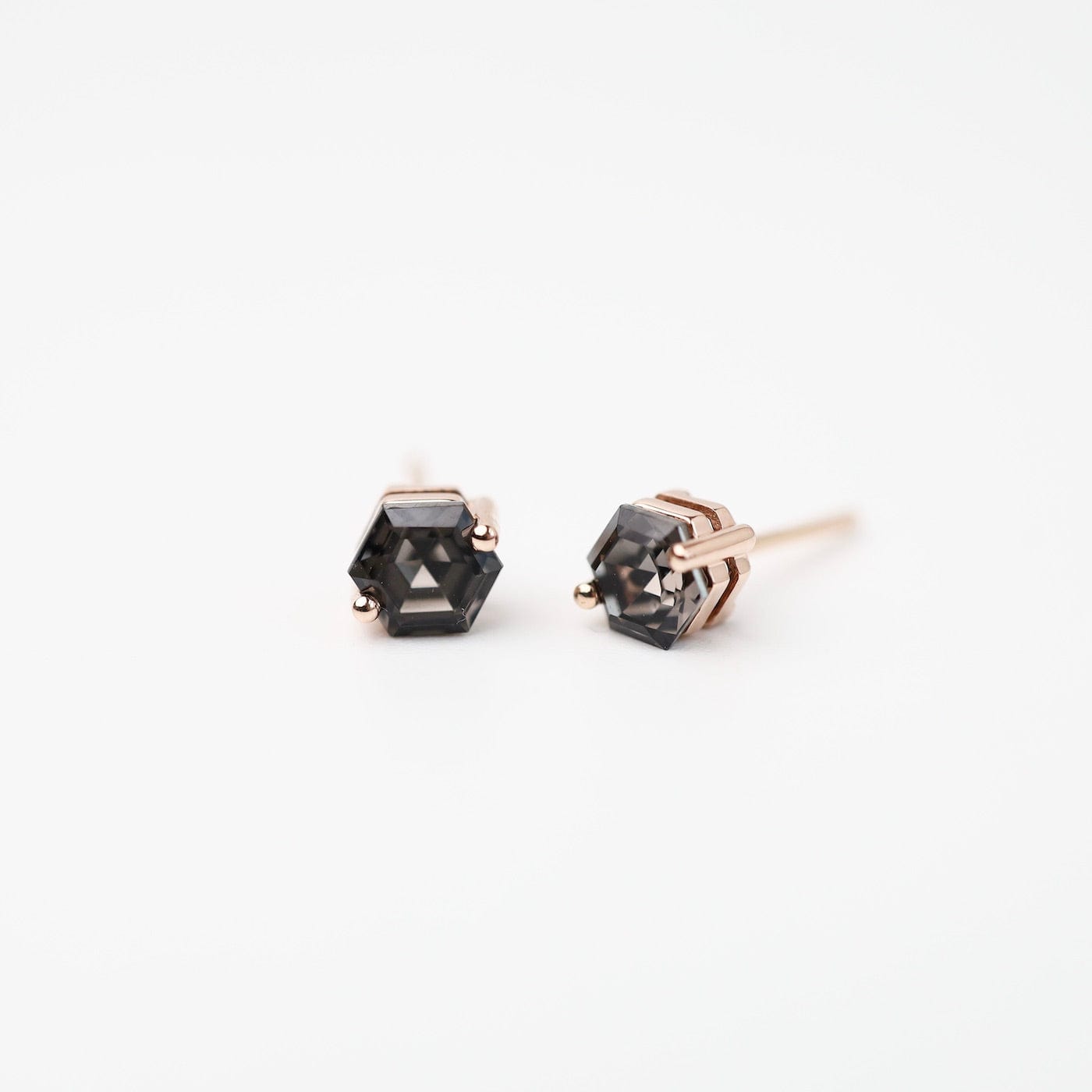 EAR-14K Rose Gold Hexagon Black Night Quartz Post Earrings