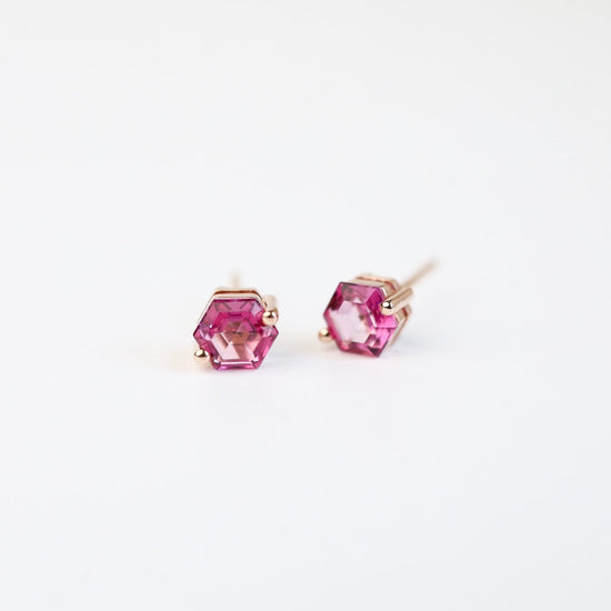 EAR-14K Rose Gold Hexagon Pink Topaz Post Earrings
