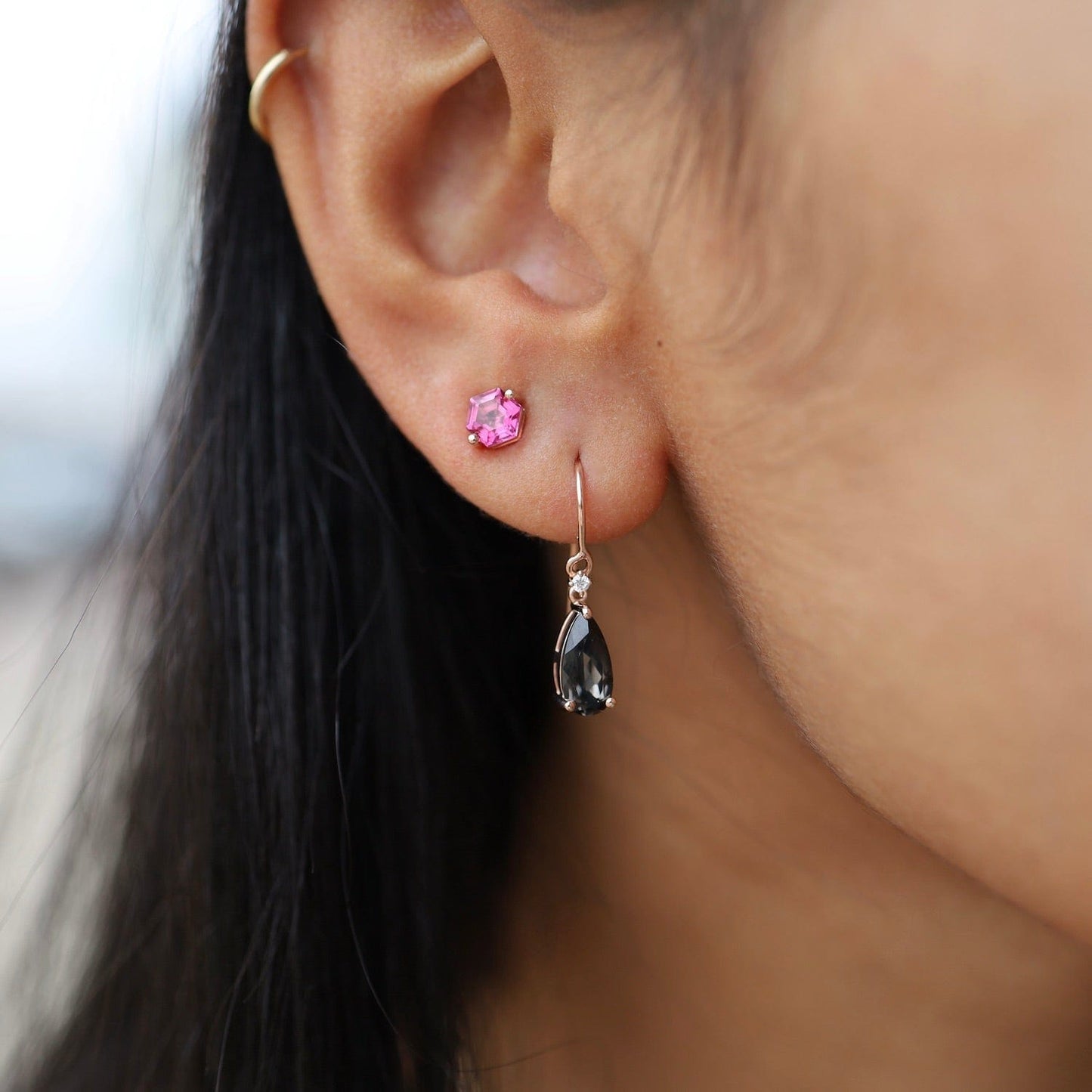 EAR-14K Rose Gold Hexagon Pink Topaz Post Earrings