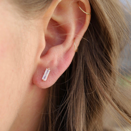 EAR-14K Rose Gold Rainbow Moonstone Baguette Earring