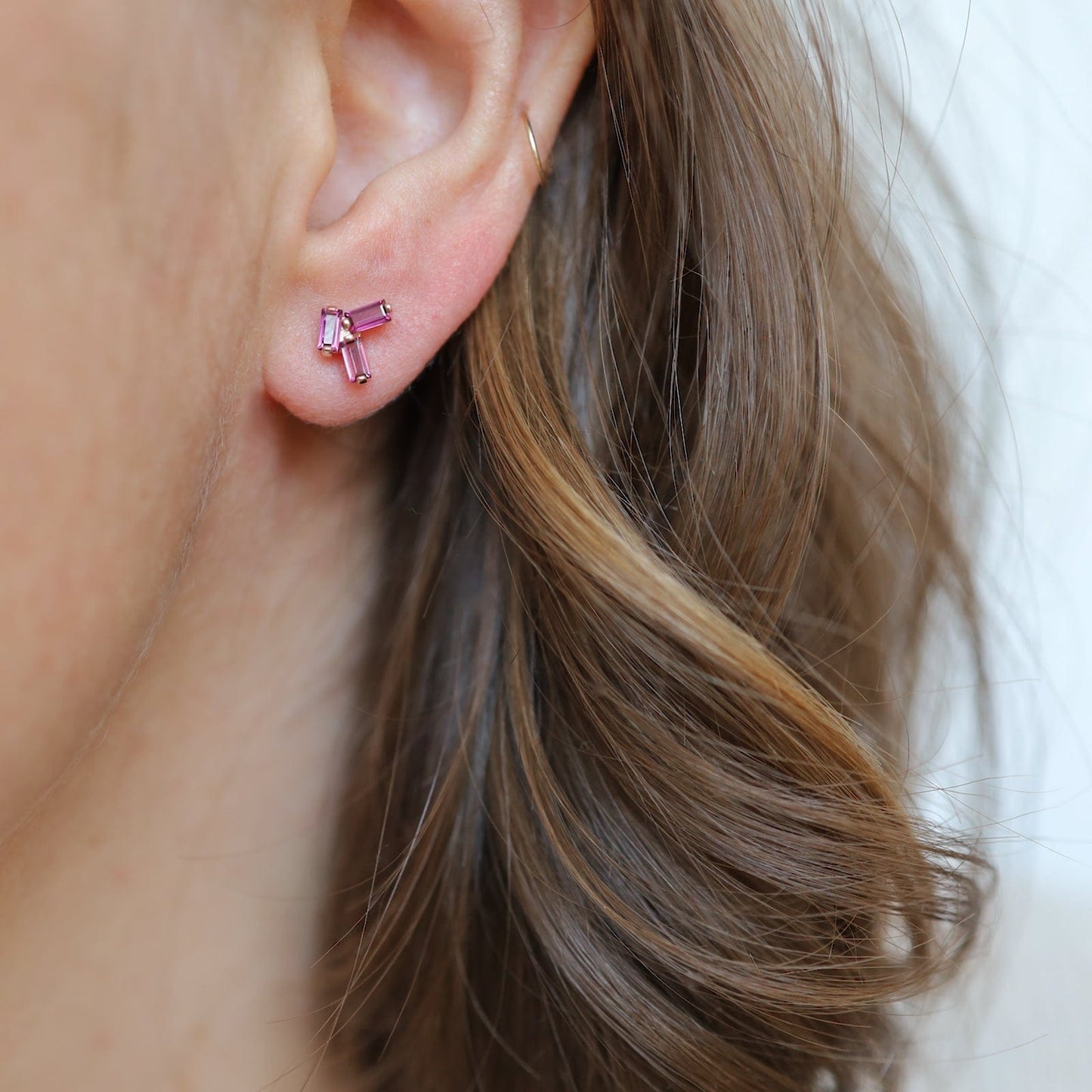 EAR-14K Rose Gold Rhodolite Scattered Baguette Earring