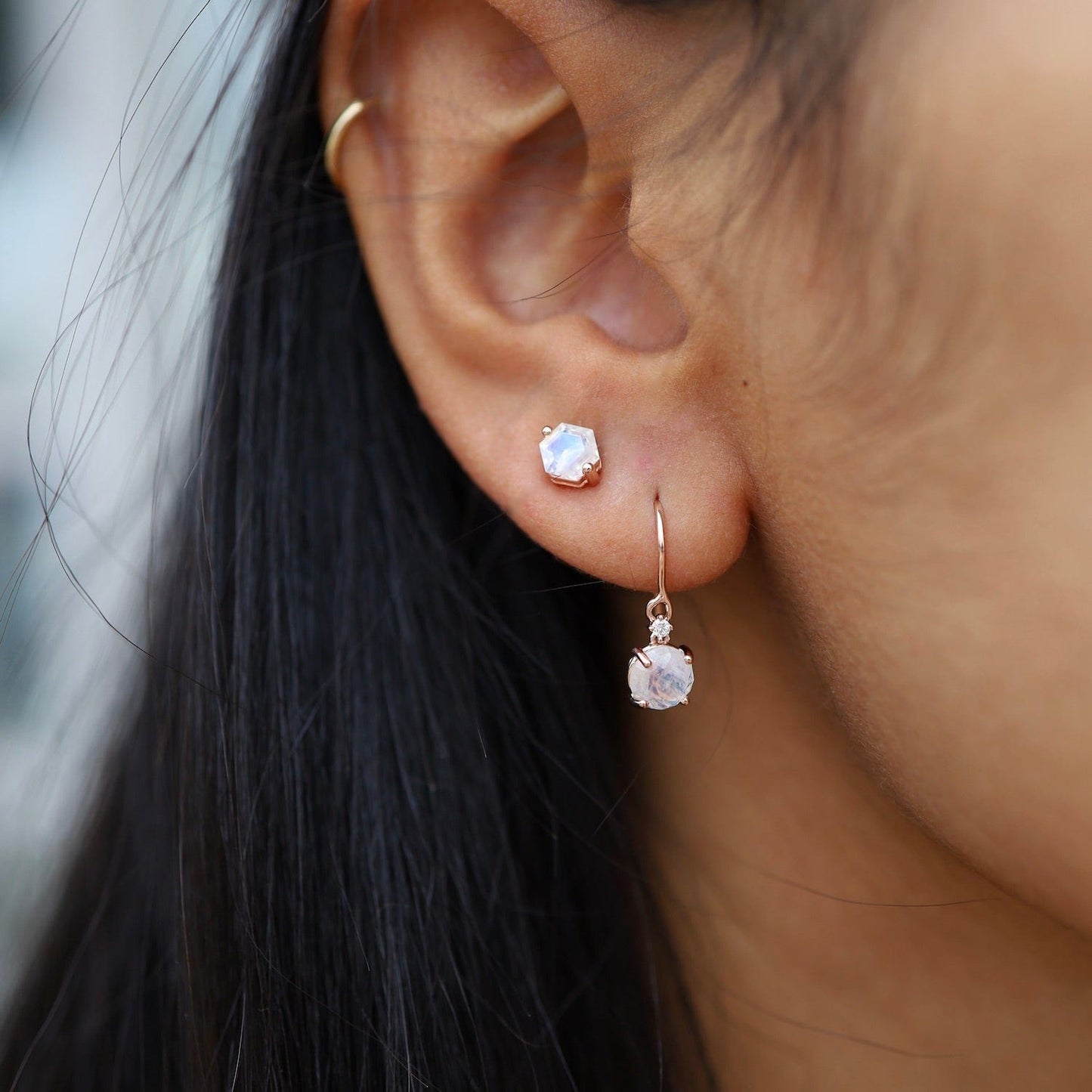 EAR-14K Rose Gold Round Rainbow Moonstone Drop Earrings