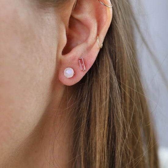 EAR-14K Rose Gold Round Rainbow Moonstone Post Earrings