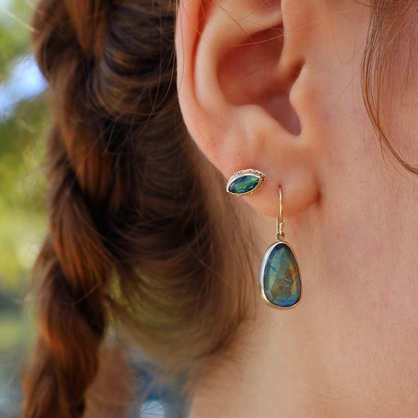 EAR-14K Sterling & 14K Gold Earrings with Rose Cut Blue Rainbow Moonstone