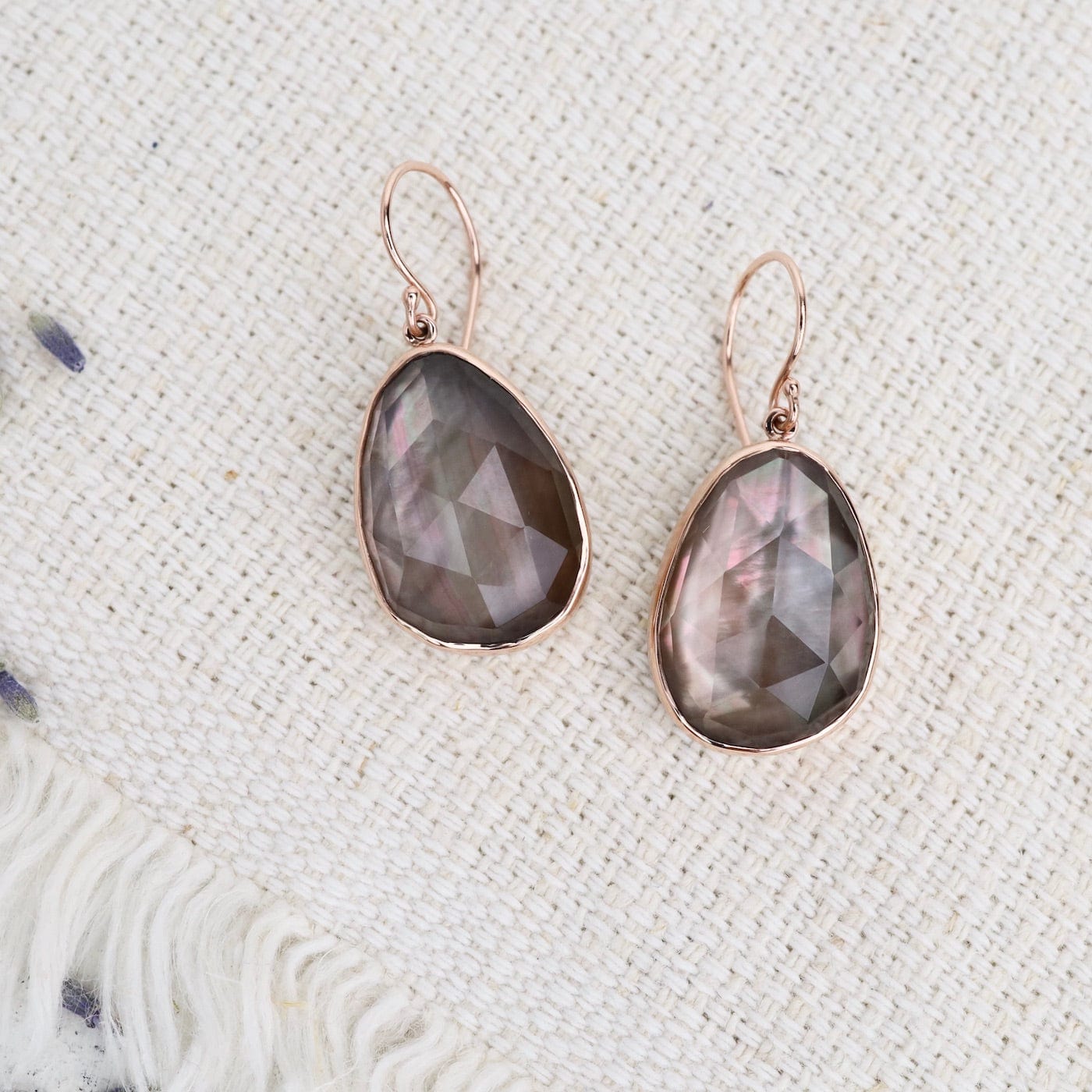 EAR-14K Sterling & 14K Rose Gold Earrings with Rose Cut Rock Crystal Over Black Mother of Pearl
