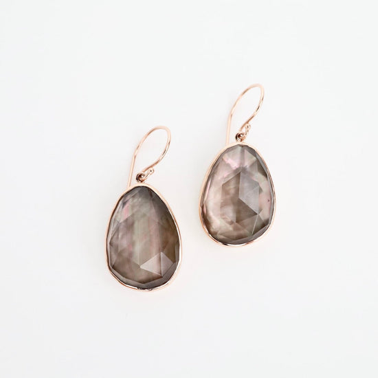 EAR-14K Sterling & 14K Rose Gold Earrings with Rose Cut Rock Crystal Over Black Mother of Pearl